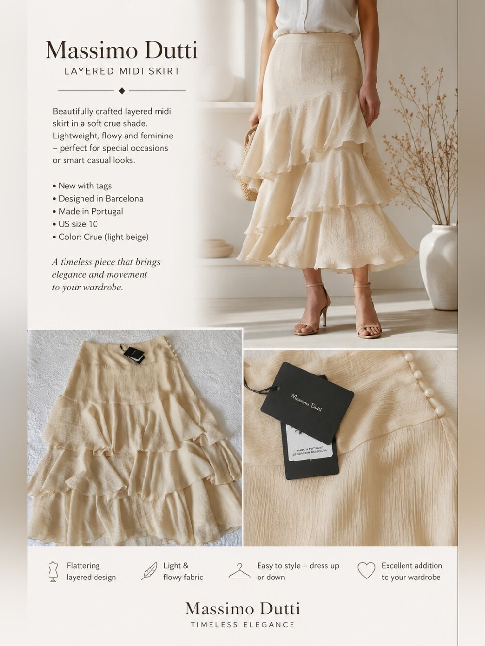 Massimo Dutti Crue Layered Midi Skirt - Light Beige